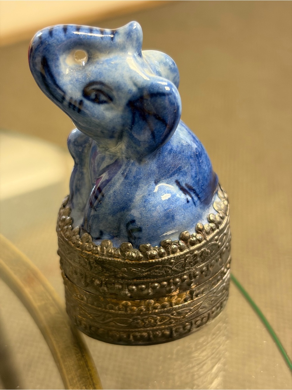 Small 3" Ceramic Blue Elephant on Tin/Metal Pill Trinket Box Trunk Up. Vintage.